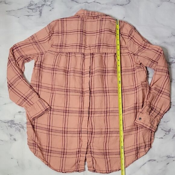 Free People 'No Limits' Peach Plaid Linen Shirt - Picture 3 of 6